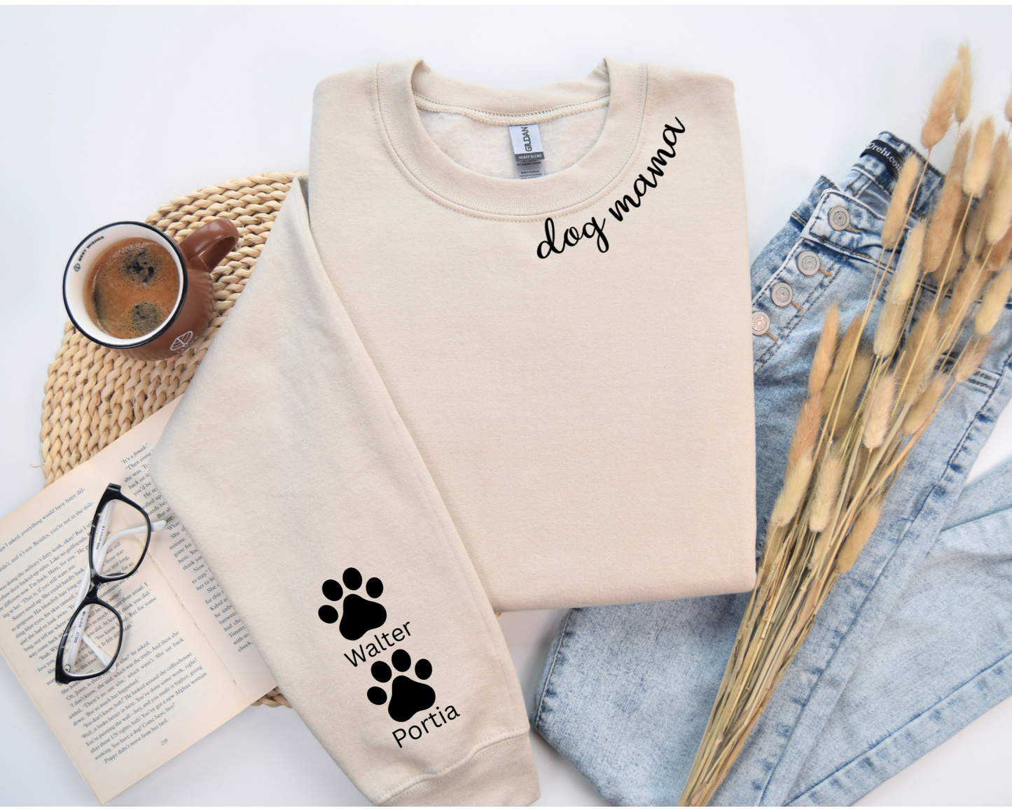 Custom Dog Mom / Dog Dad Crewneck with Paw prints on Sleeve