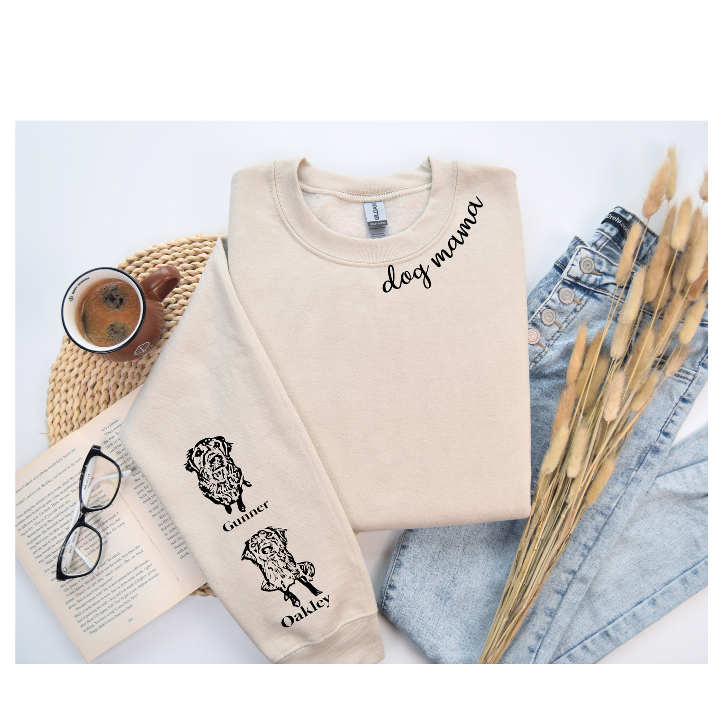 Custom Dog Mom / Dog Dad sleeve Pet Portrait Crewneck